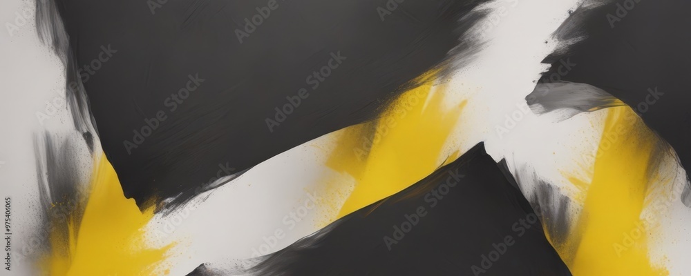 Poster abstract painting featuring bold black and yellow brushstrokes, creating a dynamic and energetic com