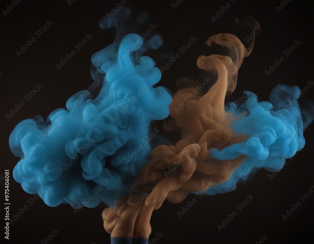 Poster swirling smoke in shades of blue and brown, creating an abstract and dynamic visual effect against a