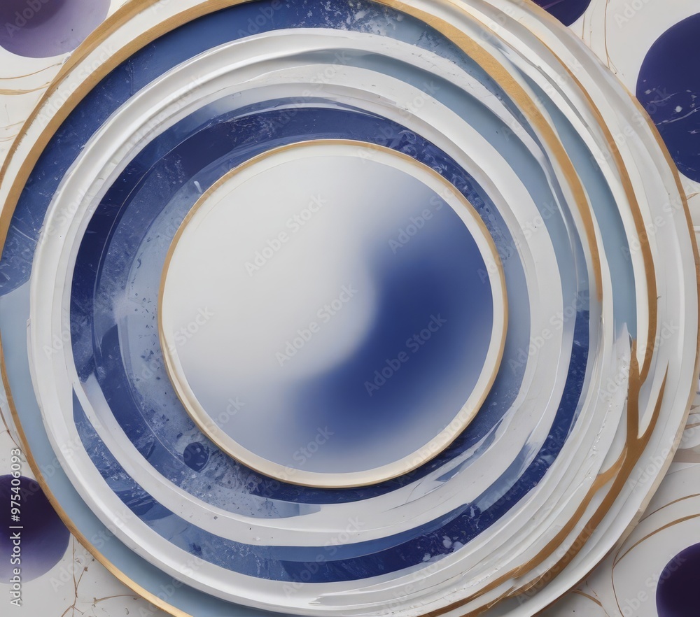 Poster a circular arrangement of plates with a gradient of blue and white colors, accented with gold lines 