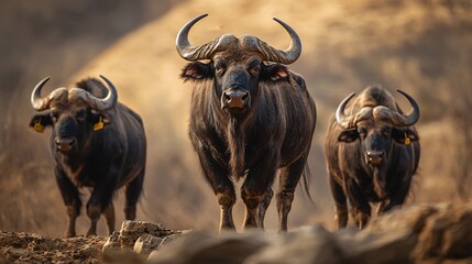 Majestic creatures with thick fur and striking horns stand proudly on rugged rocks, exuding strength and beauty.