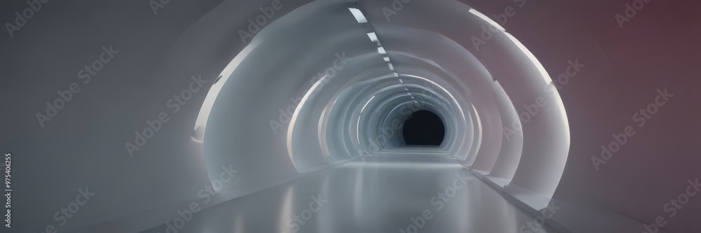 Aufkleber a long, white tunnel with curved walls and a single light source at the end, creating a sense of dep