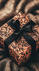 A beautifully wrapped surprise gift box with intricate wrapping paper and black ribbon sits elegantly on textured surface, evoking feelings of excitement and anticipation