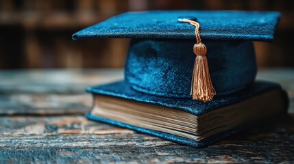 A blue graduation cap resting on a vintage book, symbolizing academic achievement and new beginnings in a cozy setting