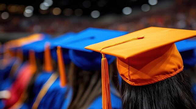 Graduates wearing orange and blue caps celebrate commencement at a packed venue during the midday ceremony