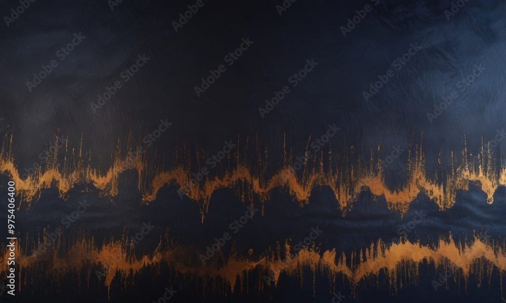 Poster a dark background with a repeating pattern of orange and black lines, resembling a wave or sound wav