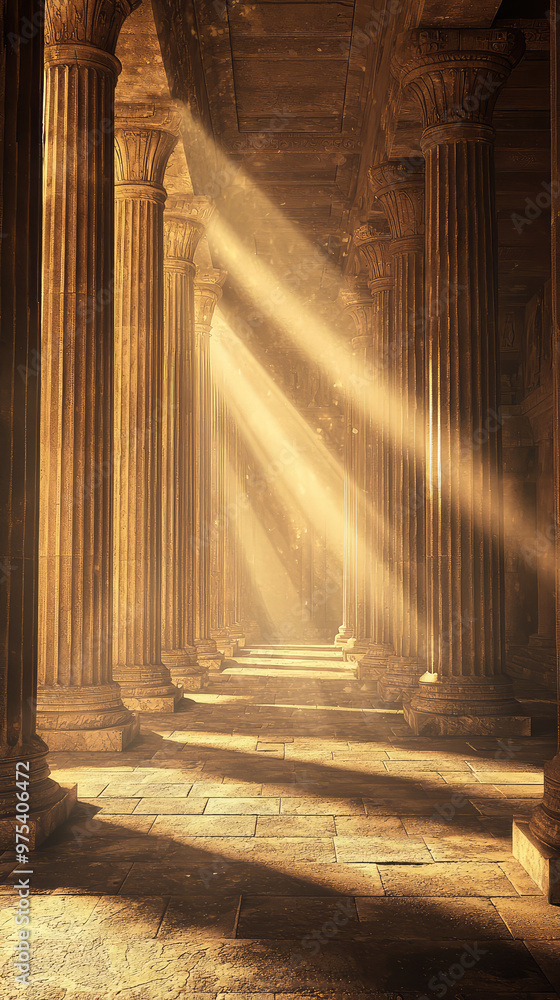 Poster a grand hallway in temple, lined with tall columns, illuminated by soft rays of light filtering thro