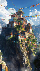 A stunning Tibetan monastery temple perched on high plateau, surrounded by majestic mountains and vibrant prayer flags fluttering in breeze. scene captures serene beauty and spiritual essence of this