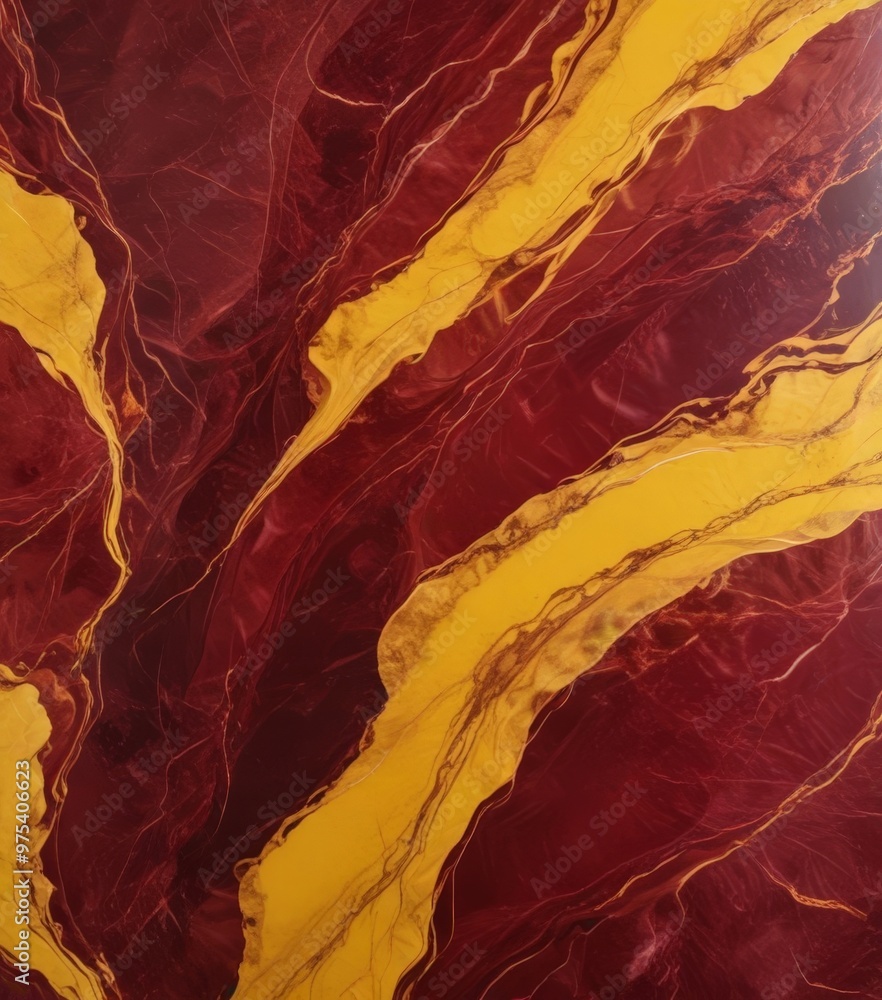 Aufkleber a close-up view of a marble surface with a striking pattern of red and yellow swirls and lines.