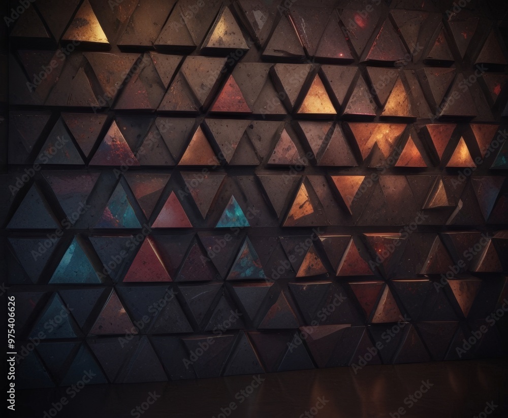 Poster a wall composed of numerous triangular panels arranged in a grid-like pattern, with varying shades o