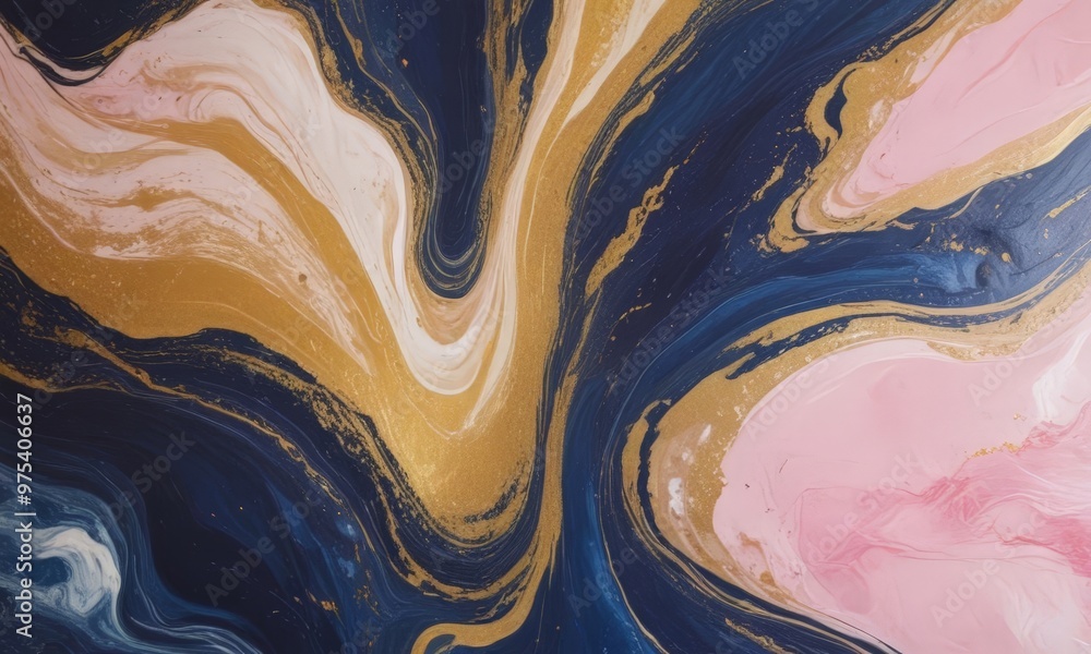 Poster a striking abstract pattern with swirling lines and splashes of color, predominantly in shades of bl