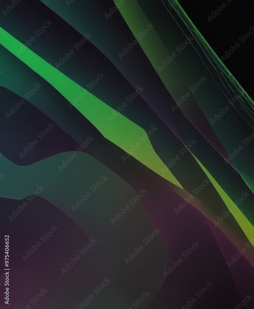 Poster a vibrant abstract composition with intersecting lines and curves in shades of green, purple, and bl