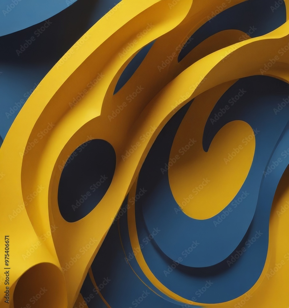 Poster a close-up view of abstract shapes, predominantly in blue and yellow, with a focus on the curved lin