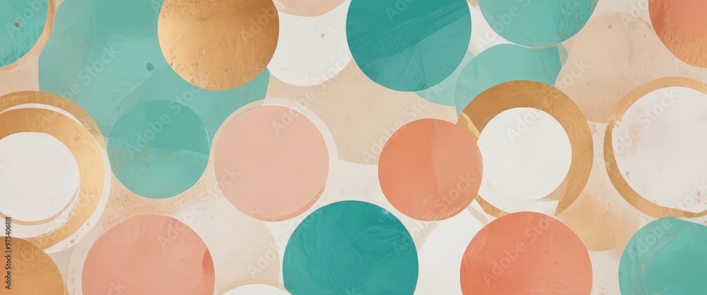 Poster a vibrant abstract pattern composed of overlapping circles in various shades of green, peach, and go