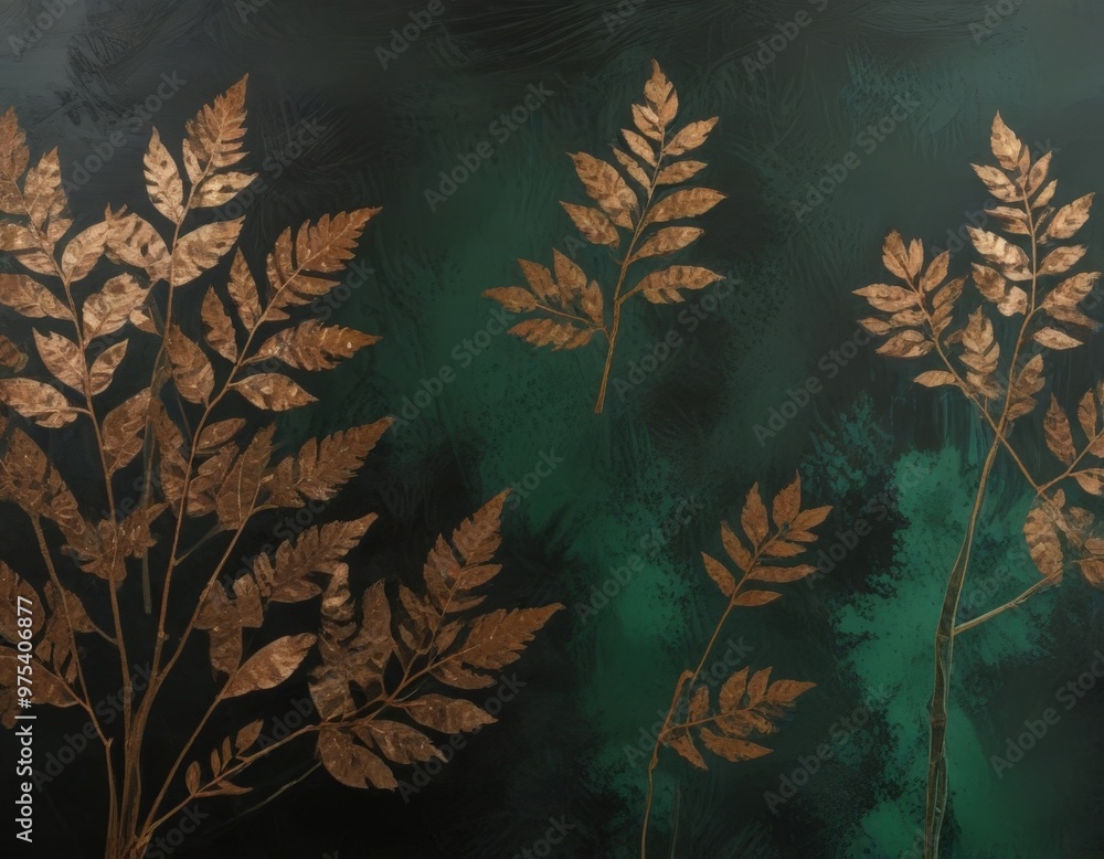 Poster a close-up view of a painting with a dark green background and gold leaf-like patterns scattered thr