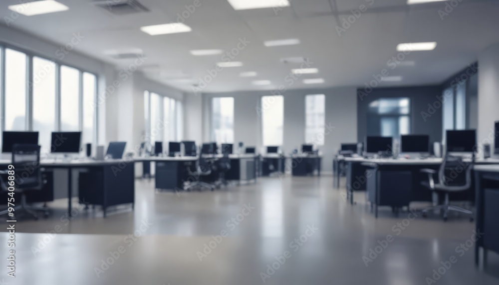 Aufkleber an office space with rows of desks and computer monitors, featuring large windows and a clean, minim