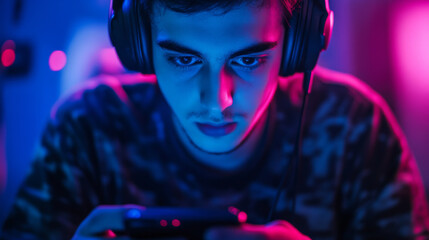 Mobile gamer playing on a smartphone with intense focus