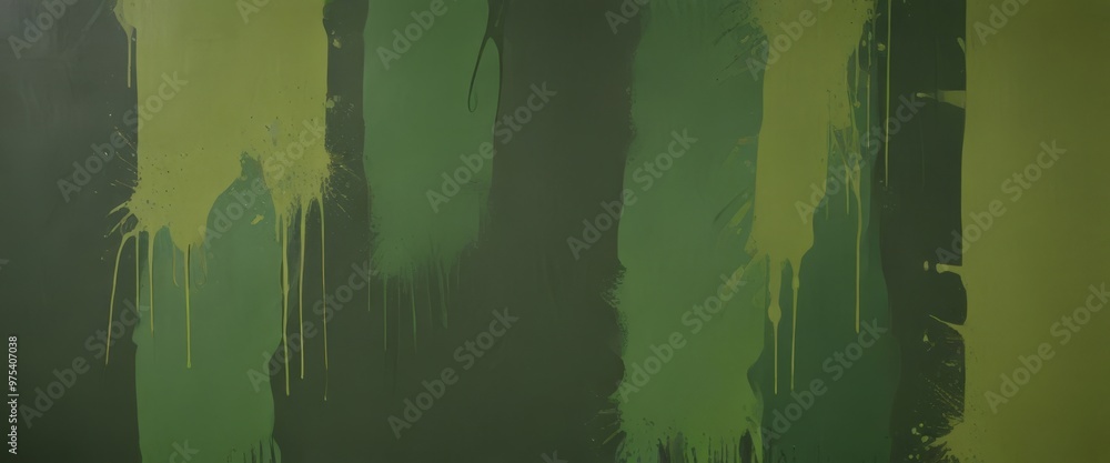 Poster a vertical arrangement of green paint splatters on a dark background, creating an abstract and textu