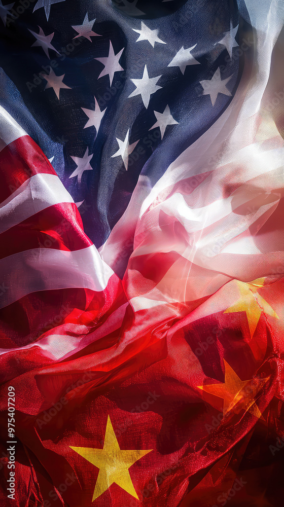 Poster image features beautiful blend of american and chinese flags, symbolizing fusion of cultures and nat