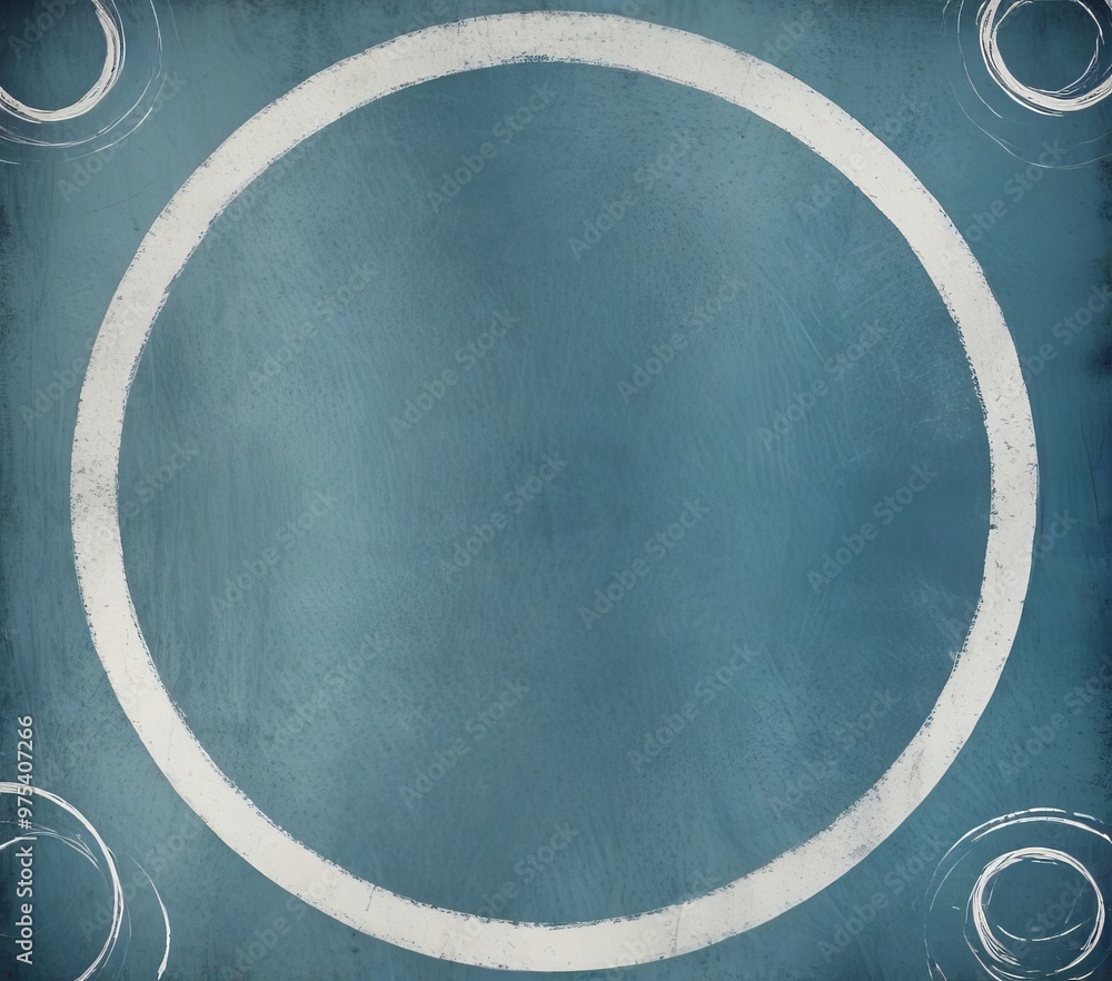 Poster a blue circular background with a white outline, four white circles around the edge, and a white lin