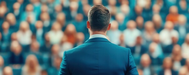 A confident entrepreneur presenting a pitch to investors, with a blurred audience background