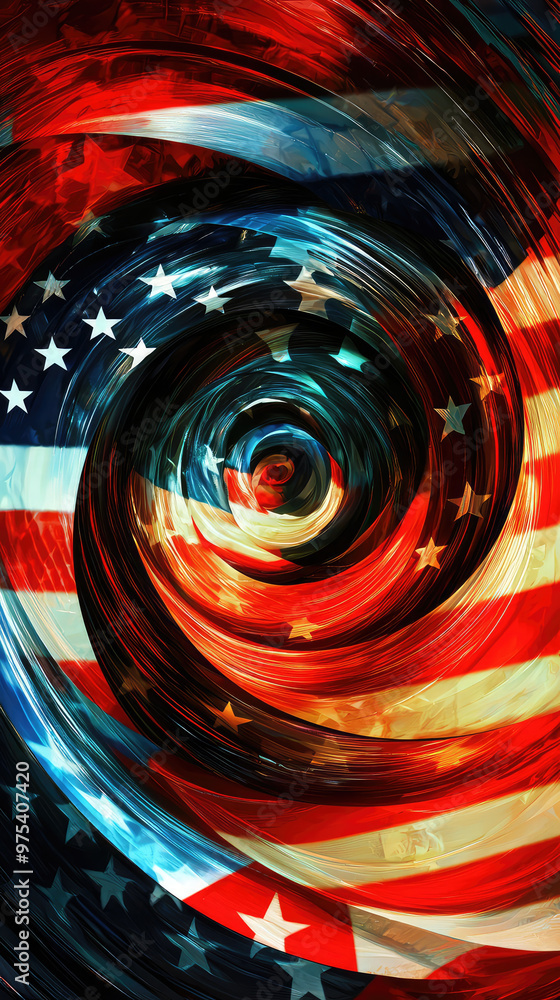 Poster vibrant abstract circular pattern merging elements of american flag, creating dynamic and energetic 