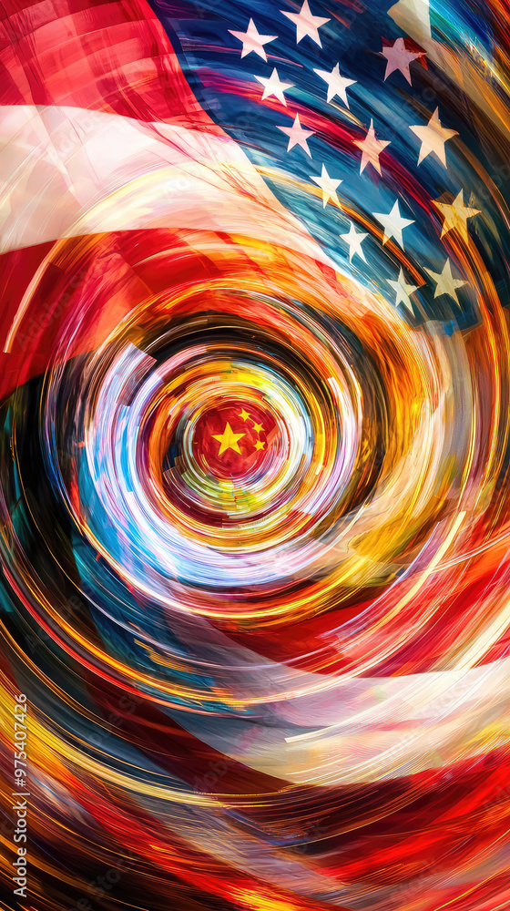 Poster vibrant abstract circular pattern merging elements of american and chinese flags, creating dynamic v