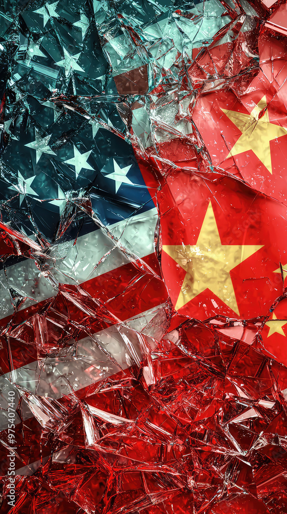 Poster image features an abstract representation of broken glass with flags of united states and china, sym
