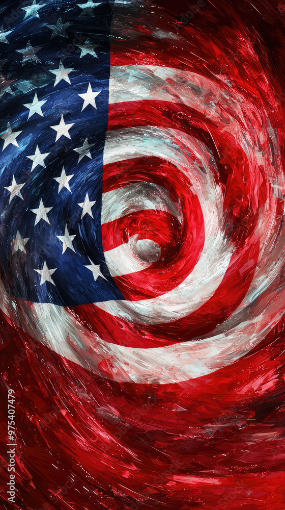 Poster swirling design features elements of american flag, creating dynamic and abstract representation. vi