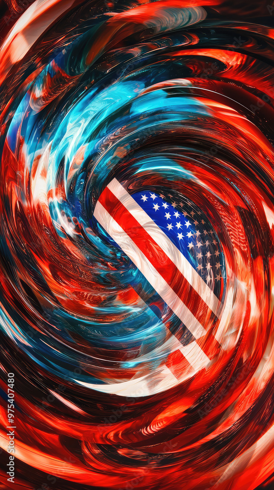 Poster vibrant abstract circular pattern merging elements of american flag colors, creating dynamic and ene