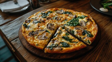 A large, fluffy frittata with spinach, mushrooms, and cheese, cut into wedges and served on a wooden table, rustic farmhouse kitchen setting