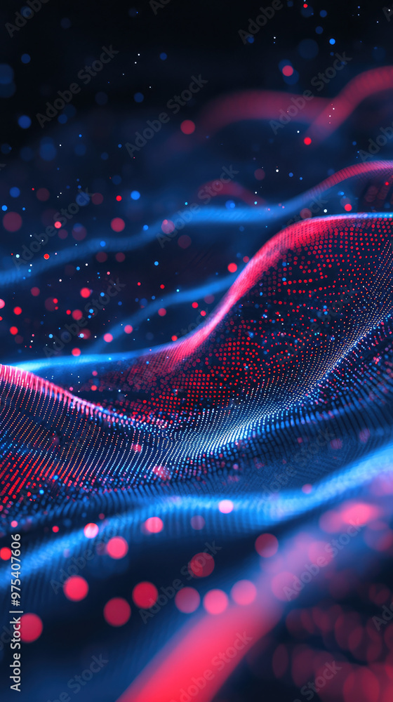 Poster digital lines create mesmerizing wave of red and blue lights, evoking sense of depth and movement. t