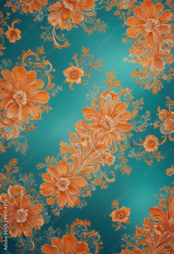 Poster a vibrant floral pattern with orange flowers against a turquoise background. the flowers are arrange