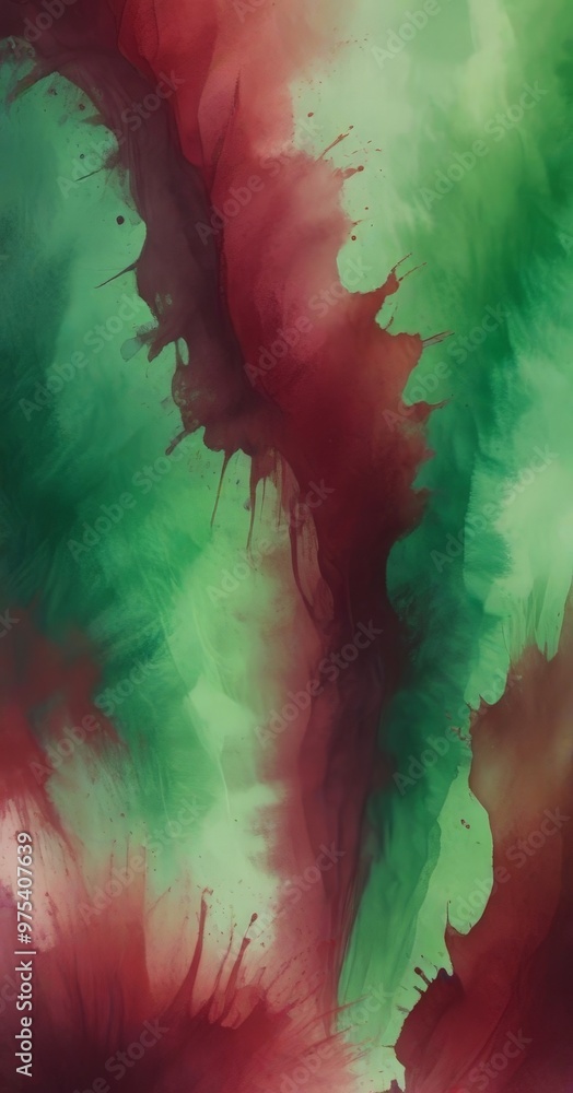 Poster the image is an abstract painting featuring a vibrant mix of green, red, and brown colors, with spla