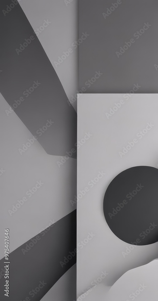 Poster a minimalist geometric composition with a white square, a black circle, and a diagonal line intersec