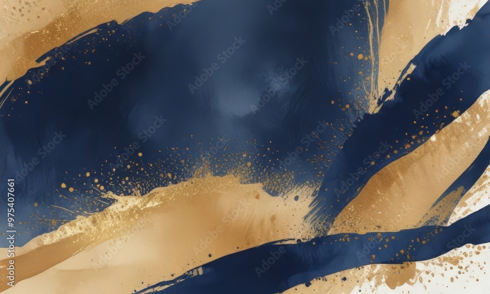 Poster an abstract composition of dark blue and gold brushstrokes, with splashes of gold and white paint, c