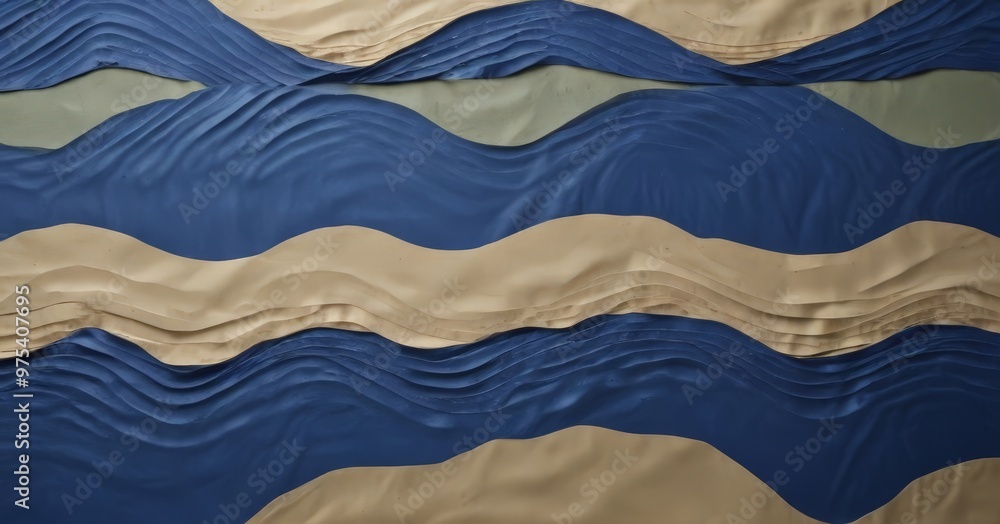 Poster a close-up view of a textured surface with blue and beige waves or ripples, creating a sense of move