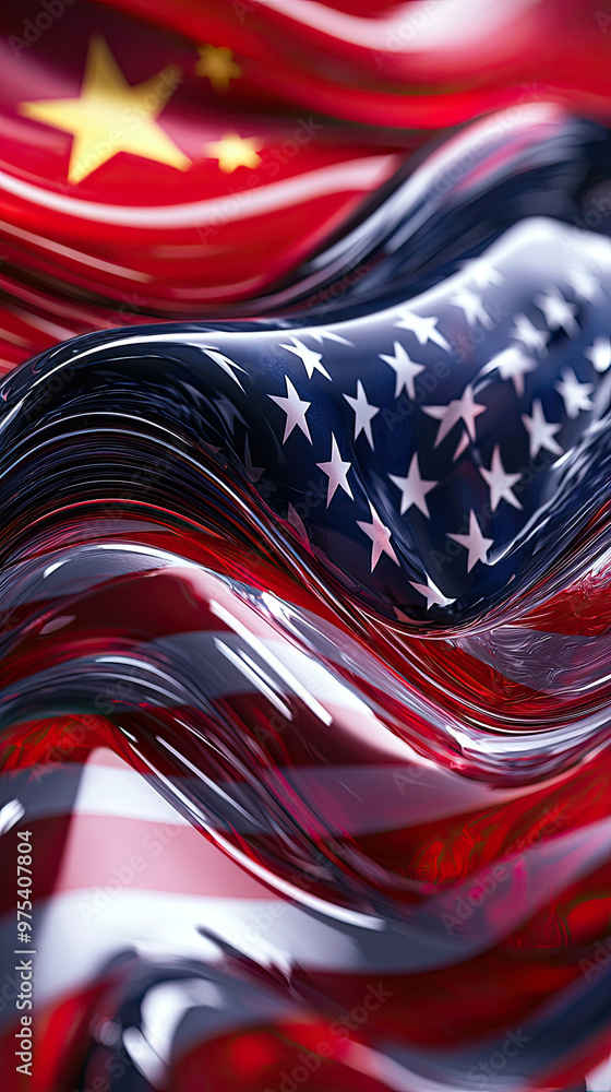 Poster abstract flowing wave pattern with american and chinese flags creates dynamic visual representation 