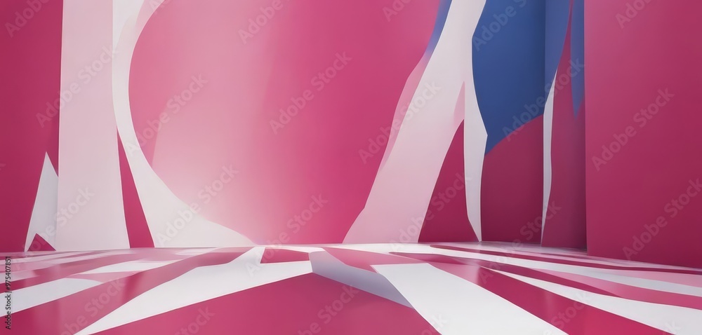 Poster a room with a geometric pattern of pink and white stripes and a large pink circle in the center, cre