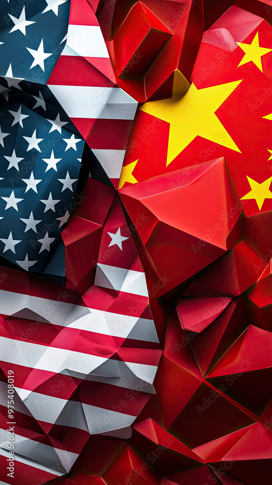 Poster abstract geometric shapes featuring american and chinese flags create striking visual contrast. bold