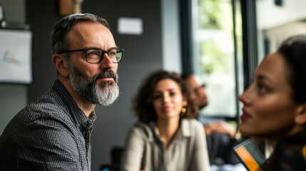Experienced business leader offering mentorship to group of professionals, open discussion and knowledge sharing, dynamic and collaborative,