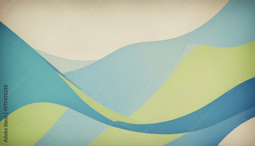 Poster a minimalist abstract composition with overlapping curved lines in various shades of blue, green, an