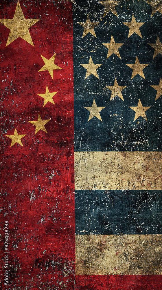 Poster faded abstract grunge texture featuring american and chinese flags, symbolizing complex relationship