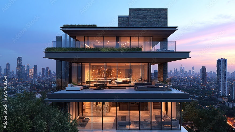 Wall mural Modern multi-level house with glass facades and city skyline view.