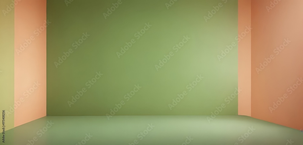 Poster an empty room with a green wall and two walls painted in peach and green, creating a warm and inviti