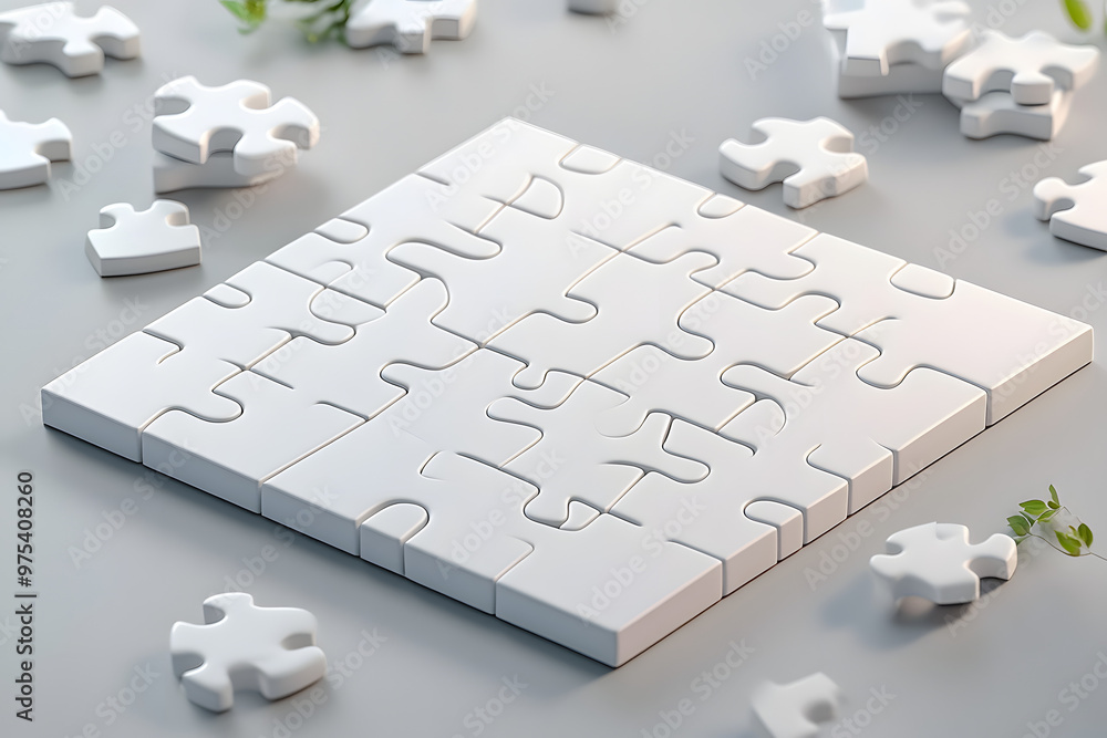 Poster toy mockup template with blank white pieces in a 3d rendering. a clear jigsaw puzzle is connected to