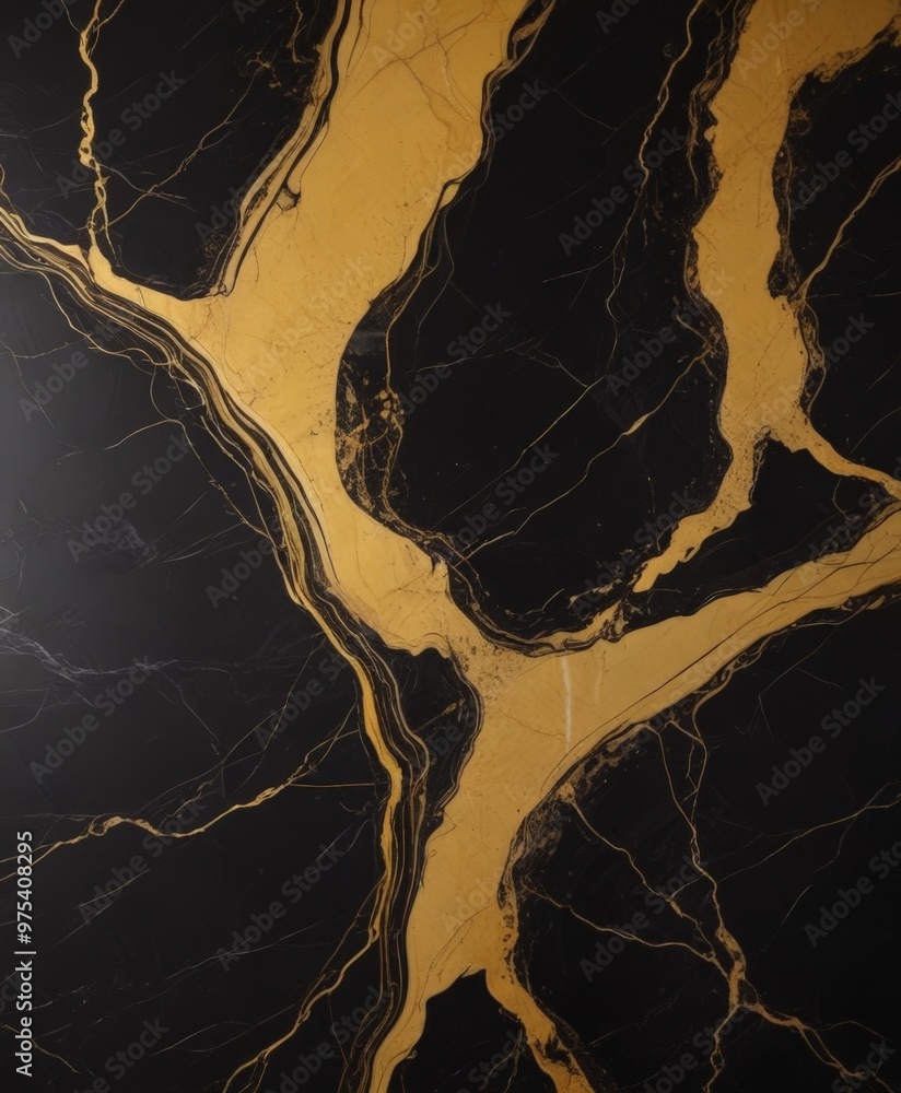 Poster a close-up view of a marble surface with a striking pattern of black and gold swirls and lines.