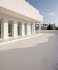 A modern white building with large windows and a flat roof, set against a clear blue sky.