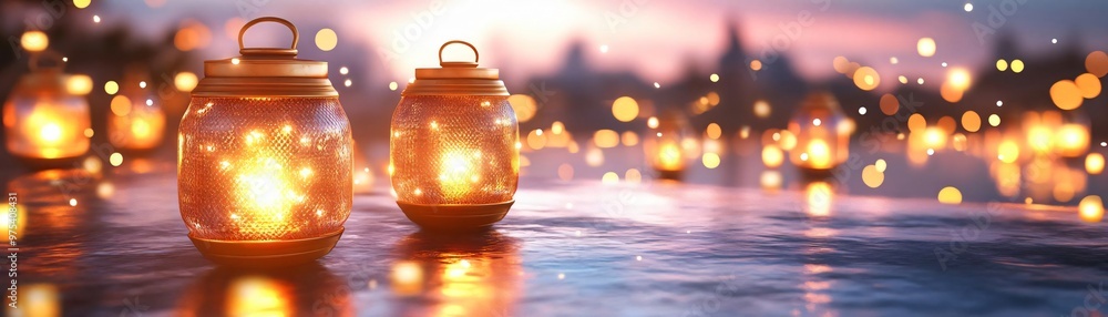Poster glowing lanterns illuminate a serene evening, creating a magical atmosphere with soft bokeh lights i