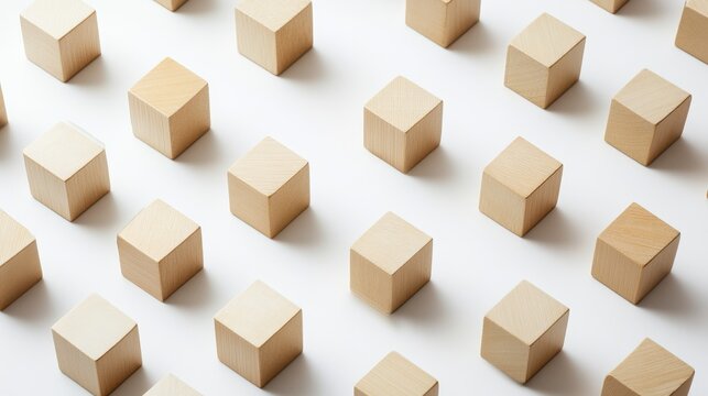 Wooden cubes arranged in a pattern on white background, minimal design concept