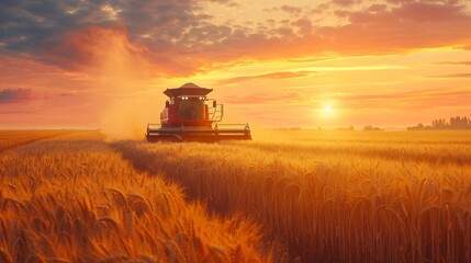 Naklejka premium A sunset wheat harvesting in a wheat field. Ripe crop being harvested. Agriculture and cultivation.